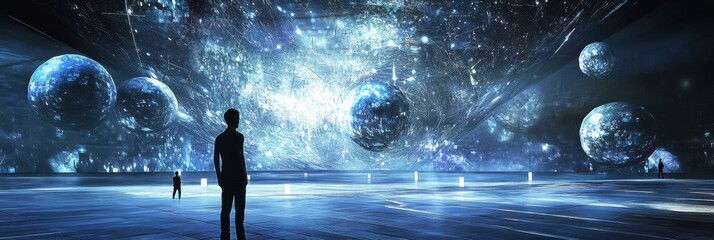 Aufkleber - Visitors engage with imaginative digital artworks in a vast cosmic gallery, enriched by virtual avatars and stunning visual displays. Generative AI