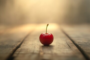 Wall Mural - A single ripe red cherry on a rustic wooden table