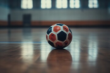 Poster - Futsal ball on indoor court floor.