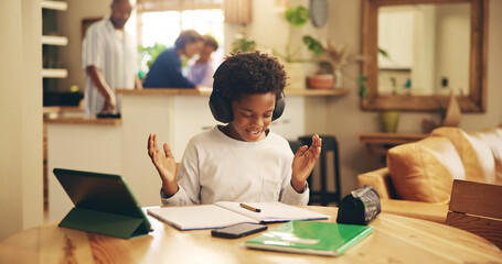 Poster - Excited, home and child with headphones, celebration and boy with info, education and studying for exam. Achievement, growth and development of kid, listening and podcast for knowledge and African
