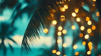 Wall Mural - glittering turquoise lights with radiant bokeh over an exotic tropical beach, palm trees swaying gen