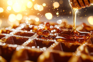 Wall Mural - waffle with honey drizzled on top. the honey is dripping from the waffle and creating a beautiful, g