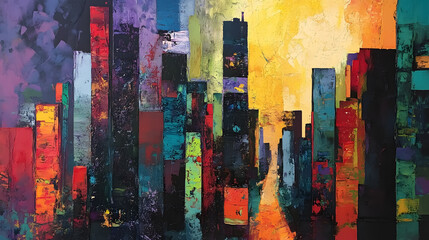 Wall Mural - An abstract painting depicting urban skyscrapers.