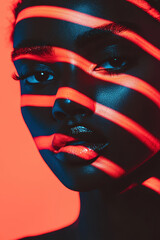 Poster - Stunning Portrait Featuring Vibrant Red Stripes Creating Dramatic Shadows and Light Play on a Strong Expression