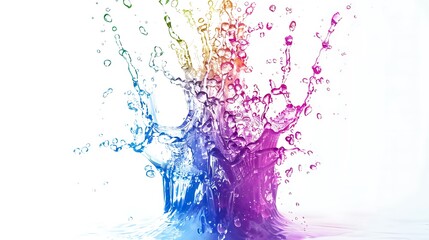 Wall Mural - Vibrant splashes of colorful water create a dynamic and artistic visual effect against a white background.