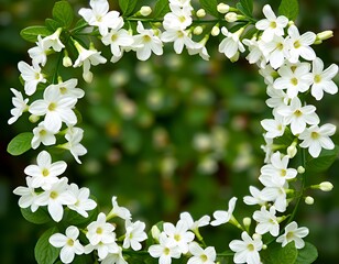  white flowers are arranged in a circle on a green background.