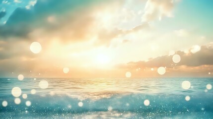 Wall Mural - glittering teal ripples with shimmering bokeh spreading over a serene ocean at dusk, clouds glowing 