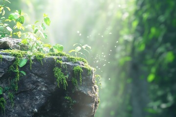 Poster - Sunlit moss-covered rock in lush forest.