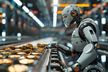 Poster - A robotic arm is meticulously sorting through piles of gold coins on an assembly line, highlighting advanced automation in a manufacturing setting.