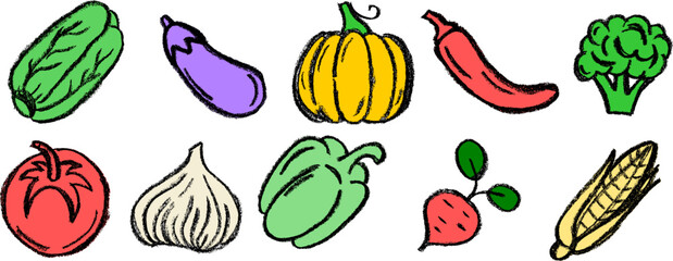 Wall Mural - Vegetables Colorful Icons Drawing Crayon Chalk Vector Set