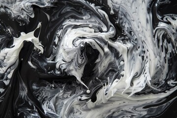 Poster - The artwork showcases dynamic swirls of black and white paint, blending together to create an intriguing abstract design on a smooth surface, highlighting artistic creativity.
