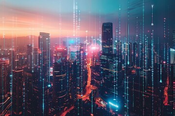 Poster - A bustling urban skyline illuminated by a myriad of lights and advanced technology features a blend of skyscrapers under a colorful twilight sky.