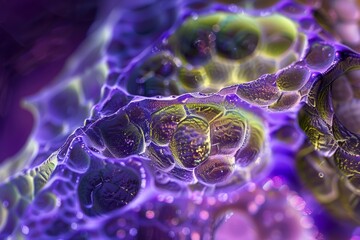 Poster - An intricate close-up shows a vibrant cellular structure with purple and green hues, revealing delicate patterns and textures illuminated by soft lighting.