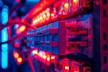 Poster - A close-up showcases an array of electrical circuits glowing in vibrant blue and red hues, highlighting the intricate design and technology aesthetic at an expo.