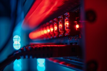 Poster - A captivating close-up of server connections reveals glowing red and blue lights against a dark background, highlighting technology in action during late-night data processing.