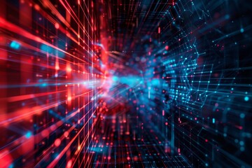 Poster - Colorful light trails in blue and red create an abstract digital landscape, illustrating a seamless flow of data through a vibrant space filled with energy.