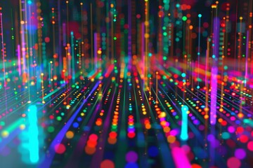 Poster - A vibrant display of multicolored dots and light trails creates an energetic and futuristic ambiance, evoking a sense of movement and rhythm in a digital landscape.