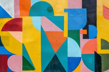 Poster - A striking mural showcases a combination of colorful geometric shapes and patterns on a city wall, highlighting an artistic expression in a vibrant urban environment.
