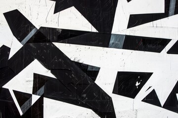 Poster - Geometric shapes in black and white are arranged on a textured wall, showcasing a contemporary urban art style that captures attention and invites interpretation.