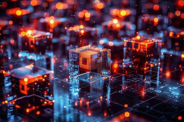Poster - A vibrant display features interconnected digital cubes illuminated by warm light, surrounded by intricate circuits in a high-tech setting during nighttime.