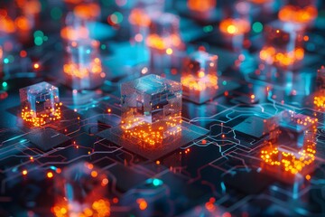 Poster - An intricate network of digital circuits, highlighted by bright, glowing nodes that create a captivating, high-tech atmosphere.