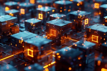 Poster - This visual depicts a complex and vibrant urban landscape, featuring glowing buildings and detailed connections illuminated in an array of colors, showcasing night energy.