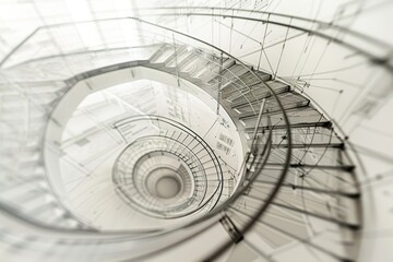 Poster - This modern spiral staircase captures the essence of architectural design, with precise lines and curves complemented by detailed blueprints in the background.