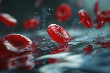 Poster - Red circular objects drift gracefully on a calm water surface, creating ripples and reflections as they interact with the gentle light coming from above.