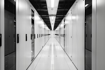 Poster - A long, symmetric hallway in a data center showcases rows of server cabinets, highlighting the sleek lines and minimalist design of the technology environment.