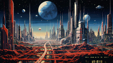 Poster - Retro futuristic city in the old school sci-fi art scene. Retro space landscape with city.