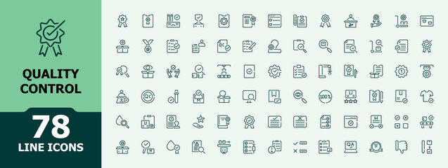 quality control icons set in line style. includes thin line correct, satisfaction, test, control and