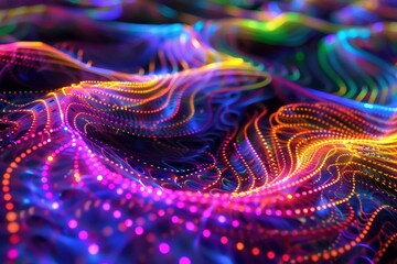 Poster - A mesmerizing display of flowing light waves creates an abstract pattern filled with vibrant colors, blending hues of purple, pink, orange, and blue in a dynamic composition.