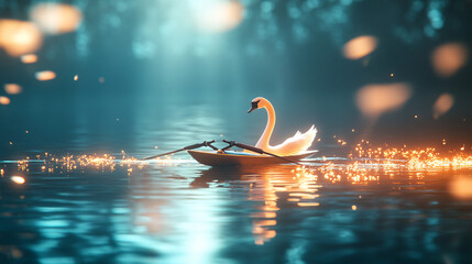 Wall Mural - A futuristic rowing icon with a glowing swan, symbolizing online sports platforms studying elegance and technique in water sports.  