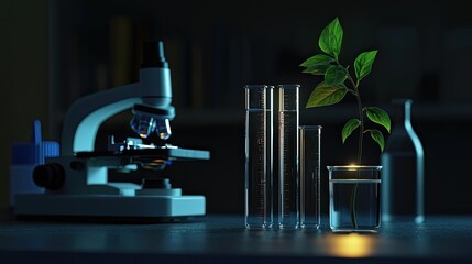 Wall Mural - the image features a microscope alongside a test tube containing a young plant, showcasing the inter
