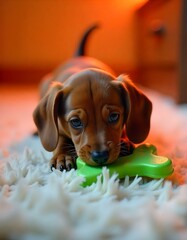 a brown puppy is rolling around on the carpet, biting a bone-shaped toy with gusto. its slightly dro