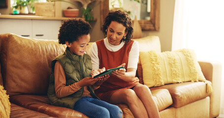 Aufkleber - Browsing, mom and son with tablet, home and elearning with app in living room, teaching and internet. House, woman and child with tech for education, growth and development for boy and knowledge