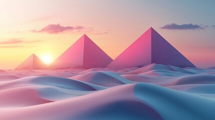Poster - Floating Geometric Pyramids in Vibrant Gradient Landscape with Shadows