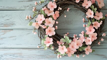 Wall Mural - Delicate Pink Flower Wreath on Rustic Wooden Background