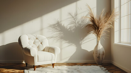 Poster - Sunlit Sanctuary: A plush, tufted armchair bathed in warm sunlight stands in a minimalist interior, next to a vase of pampas grass.  The image evokes a sense of calm and tranquility.