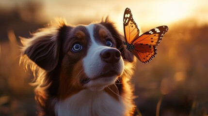 Poster - A curious dog with wide eyes as a butterfly gently perches on its nose, embodying innocence and wonder.