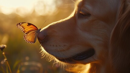 Poster - A detailed shot of a butterfly on a golden retriever's nose, creating a serene and friendly moment in nature.
