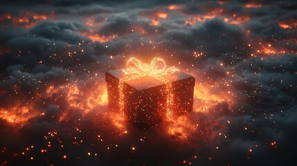 Wall Mural - glowing gift box floating in dreamlike celestial cloudscape with starry ribbon symbolizing magical s