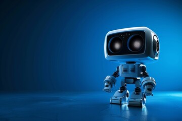 Poster - The robot has a compact design with round features, glowing blue eyes, and metallic limbs, creating an inviting presence in a brightly lit futuristic environment.