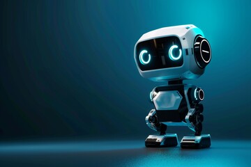 Poster - In a low-light setting, a compact robot with a friendly design stands confidently, displaying its glowing eyes and mechanical joints, evoking a sense of curiosity.