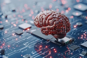 Poster - A detailed depiction of a brain placed on a microchip, illustrating the profound connection between cognitive science and technological advancement in today's digital age.