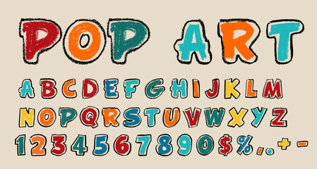 Wall Mural - pop art alphabet and numbers crayon chalk drawing vector set