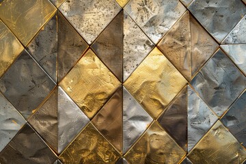 Poster - An aesthetic display of metallic squares in gold and silver arranged in a diamond pattern, reflecting light and adding texture, perfect for contemporary decor ideas.