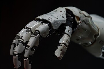 Poster - A detailed view of a robotic hand emphasizes the advanced engineering and intricate design of its structure, set against a dark background to enhance its features.