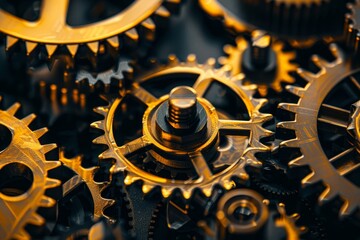 Poster - An array of beautifully crafted golden gears interlocks closely, reflecting afternoon light in a workshop, emphasizing the precision of mechanical engineering and design.
