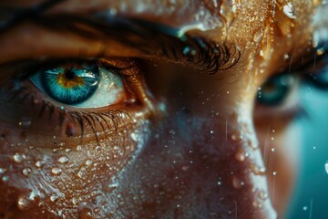 Poster - this striking close-up features a person with vibrant blue eyes and glistening droplets of water on 
